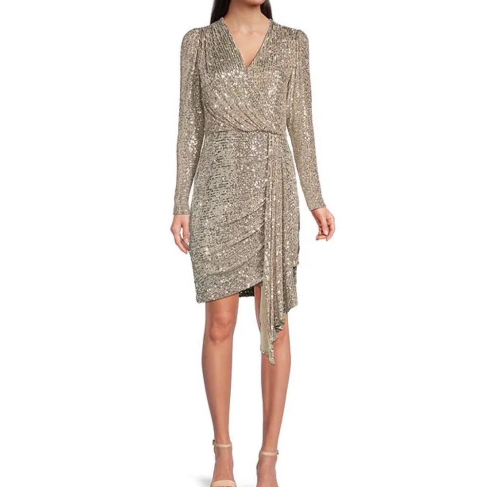 Alex Marie Molly Sequin Surplice V-Neck Long Sleeve Gathered Waist Dress